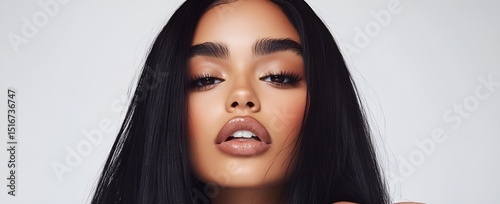 Beautiful mixed-race young woman with long black hair flowing, a beauty portrait. Perfect for advertisement for beauty products, specifically hair care products, generative AI