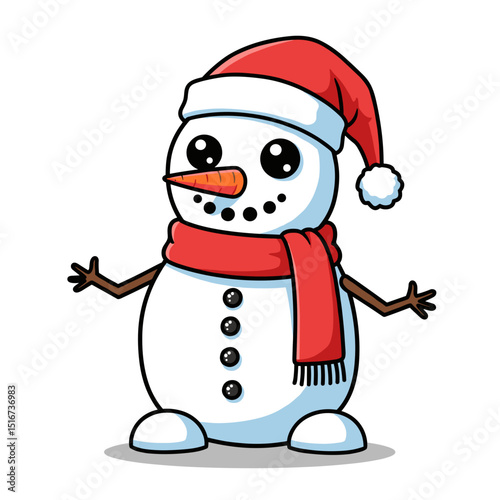 Cartoon snowman wearing a Santa hat and red scarf with a smile  