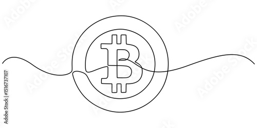 Continuous line drawing of bitcoin cryptocurrency silhouette. Blockchain, finance and banking technology concept drawn by one line, Bitcoin coin, cryptocurrency one line art, money, finance, financial