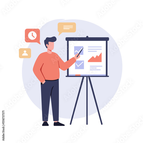 Startup founder presenting data on whiteboard with charts and graphics  