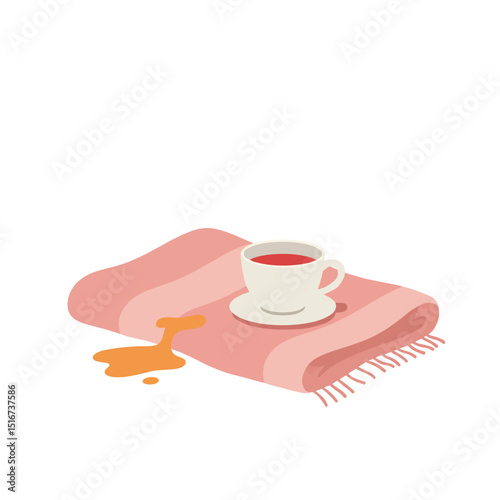 Spilled tea on blanket with cup and saucer in pastel colors  