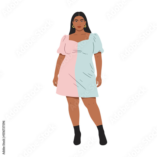 Plus size model wearing a pastel dress with short sleeves and boots  