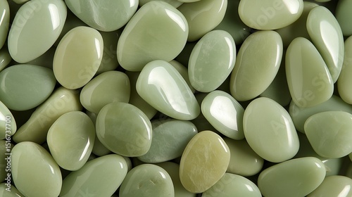 Shiny polished jadeite gemstones top view image closeup. Light green natural mineral pebbles collection close-up photography. Astrological healing stones concept photo realistic