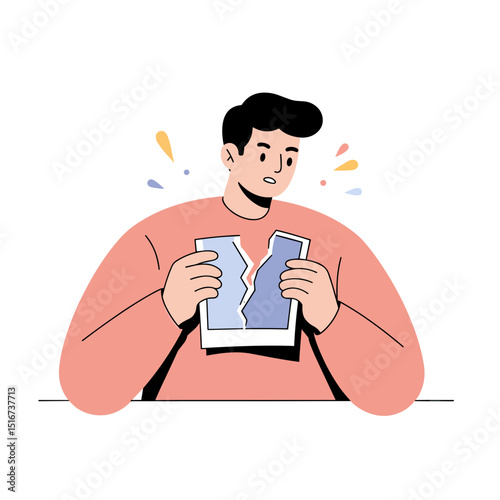 Young man tearing photo during breakup with sad expression at table  