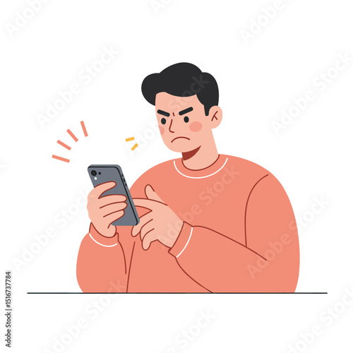 Man frowning at phone screen while showing frustration in casual setting  