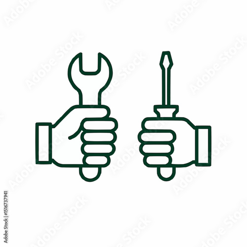 Outlined hands holding two tools — dual focus.