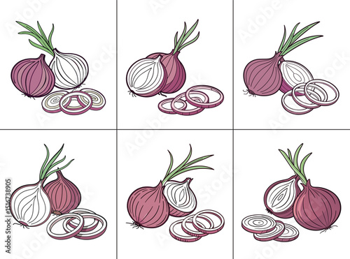 Six illustrations showing whole and sliced red onions with green shoots, some with varying numbers of rings.