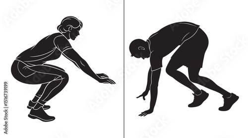 Two black silhouettes depicting different stages of a burpee exercise: a squat with hands down and the beginning of the push-up.