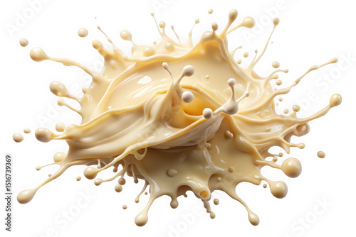 A dynamic splash of creamy liquid, captured in mid-motion, showcasing elegant droplets against a contrasting dark background.
