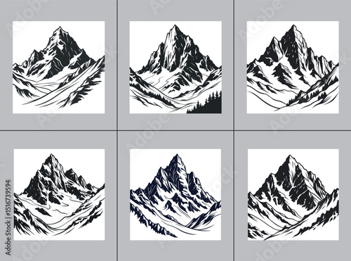 Six grayscale illustrations of detailed mountain landscapes with varied peaks, valleys, and some with trees, showcasing rugged natural beauty.