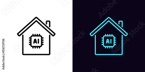 Outline AI home icon, with editable stroke. House icon with inbuilt AI system control, integrated artificial intelligence for building manage. Home security with smart AI algorithms. Vector icon