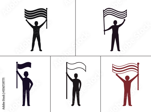 Five varying silhouettes of a person holding or waving a flag, suggesting themes of patriotism, support, or celebration.