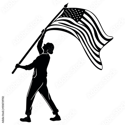 A black silhouette of a person proudly holding a large American flag, possibly a soldier or patriot.