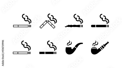 Smoke Icon Set: A minimalistic collection of smoking-related icons, each representing a cigarette or pipe exhaling plumes of smoke. 