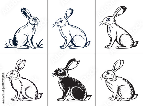 Six varying line art and silhouette illustrations of rabbits in a seated position, with distinct detailing and styles.