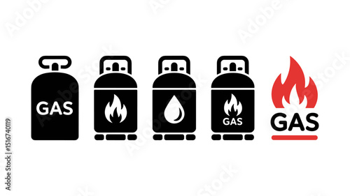 Gas Cylinders Collection: Set of five graphic gas cylinder icons displaying different symbols with "GAS" label, and flame to represent natural power.