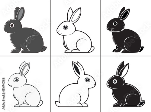 A collection of six rabbit illustrations in various styles: gray, white, black, outline, and shaded, perfect for children's books or pet-related designs.