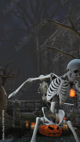 Seamless vertical video of skeletons dancing salsa in a cemetery at night. Funny halloween background.