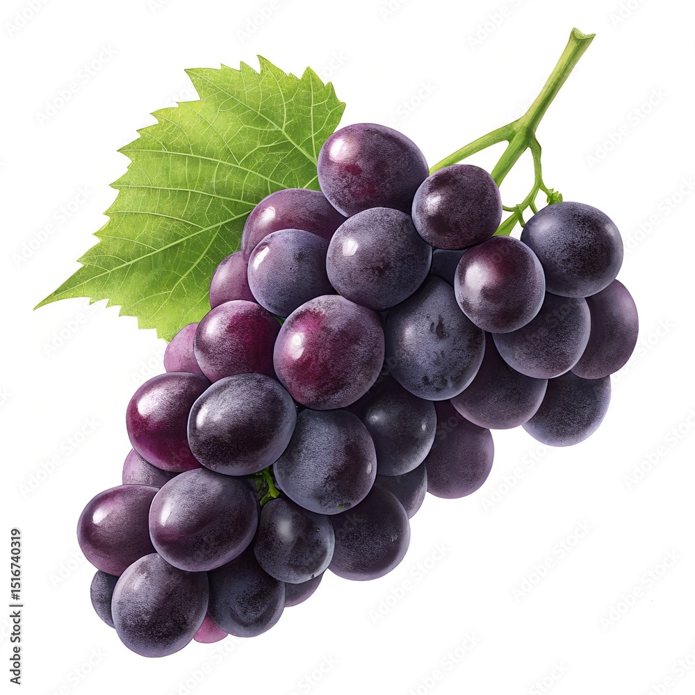 Fototapeta premium A bunch of dark purple grapes with a green leaf, isolated on white background