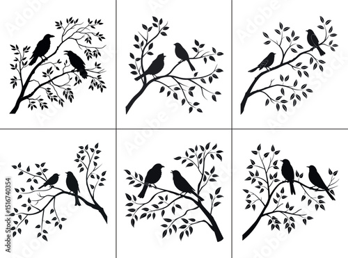 A set of black silhouettes of birds on tree branches with leaves, perfect for stencils or decals. photo