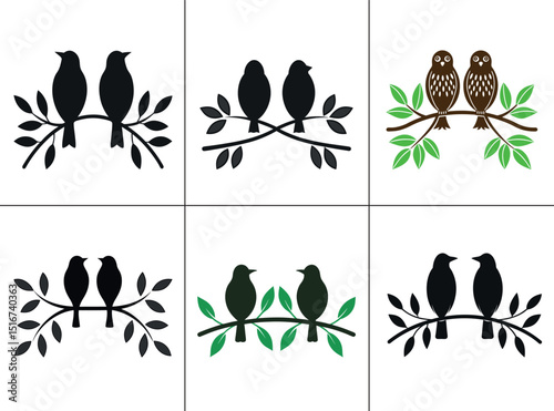 A versatile collection of six bird-on-branch designs, featuring various styles from simple silhouettes to colored illustrations, ideal for logos, invitations, or nature-themed projects.
