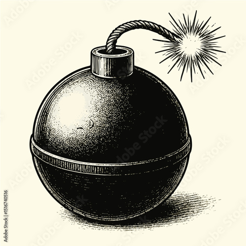 Classic round bomb with a lit fuse sketch engraving black and white outline. Scratch board imitation. 

