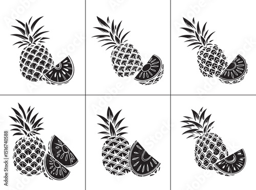 A series of black and white pineapple and watermelon slice silhouettes, ideal for summer-themed designs, tropical fruit illustrations, or healthy food concepts.