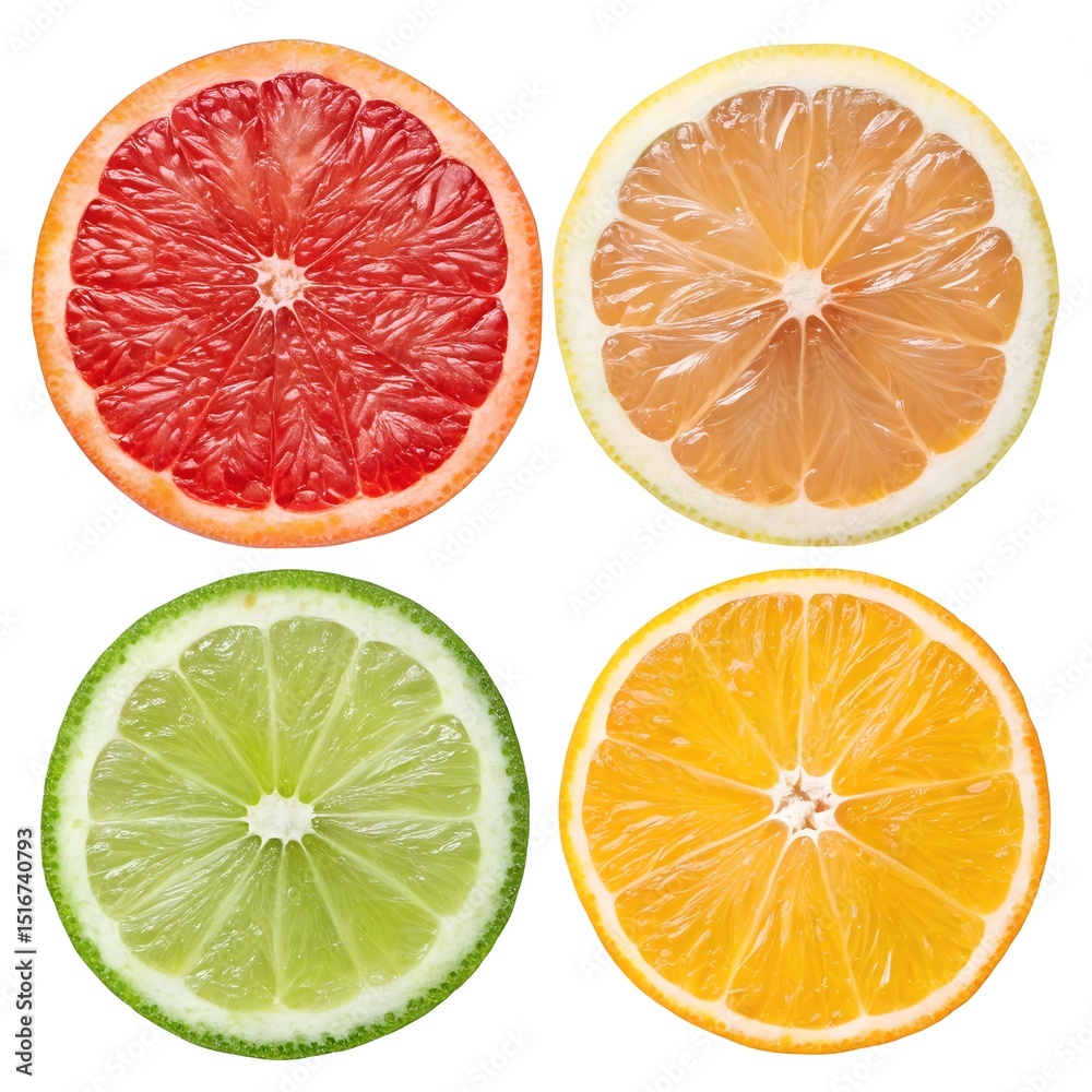 Obraz premium A vibrant collage showcasing four citrus fruit slices: grapefruit, lemon, lime, and orange, arranged in a visually appealing grid.