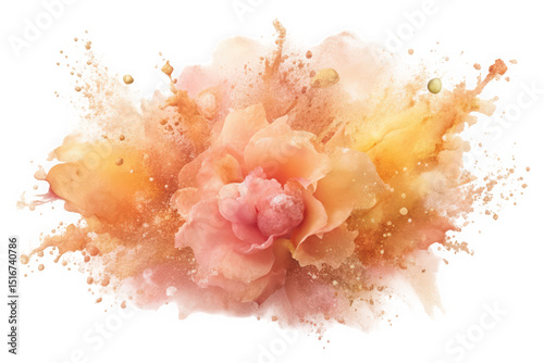 A delicate peach flower blooms amid a vivid splash of soft oranges and warm tones, creating a serene and artistic floral composition.