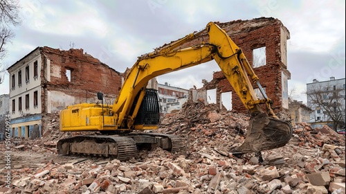 A yellow excavator tears through an old brick building, its powerful arm dismantling the structure amid clouds of dust and falling debris.
