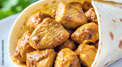 Delicious Spicy Curried Chicken Pieces Tortilla Wrap Authentic Indian Flavor Modern Meal