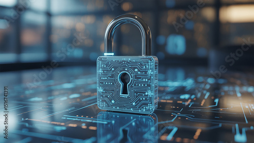 Cyber security concept featuring illuminated padlock with circuit board design for protection