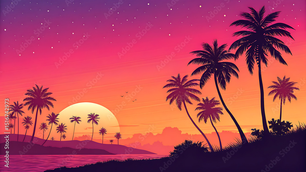 Obraz premium Tropical Sunset Silhouette: An idyllic tropical scene unfolds as the sun descends, casting long shadows of palm trees against a vibrant canvas of orange and pink hues.
