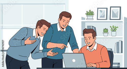 Collaborative flat vector illustration of a diverse business team of three working together on a laptop. Emphasizes teamwork, mentorship, and a positive office environment