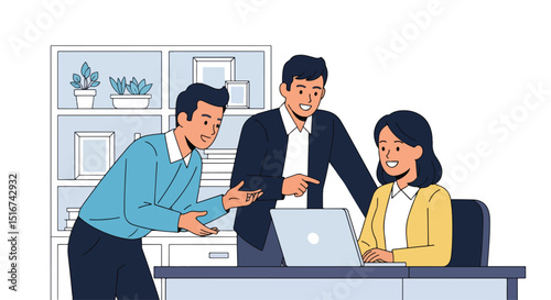 Collaborative flat vector illustration of a diverse business team of three working together on a laptop. Emphasizes teamwork, mentorship, and a positive office environment