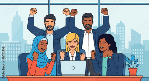Adobe Illustrator Artwork Flat vector illustration of a triumphant and diverse business team celebrating success with raised fists around a laptop. Emphasizes teamwork and achieving business goals