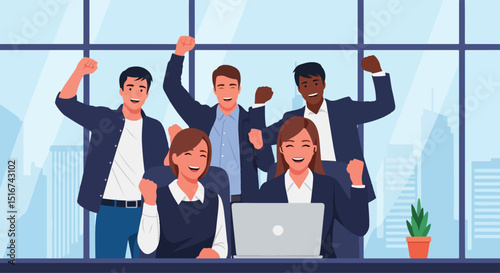 Adobe Illustrator Artwork Flat vector illustration of a triumphant and diverse business team celebrating success with raised fists around a laptop. Emphasizes teamwork and achieving business goals