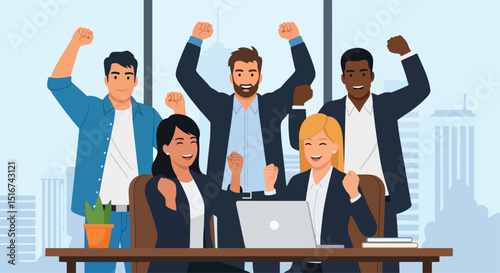 Adobe Illustrator Artwork Flat vector illustration of a triumphant and diverse business team celebrating success with raised fists around a laptop. Emphasizes teamwork and achieving business goals