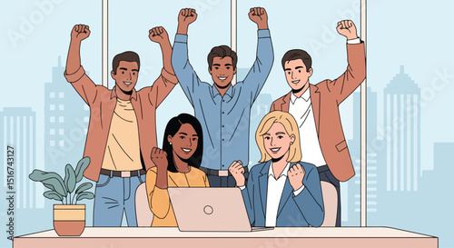 Adobe Illustrator Artwork Flat vector illustration of a triumphant and diverse business team celebrating success with raised fists around a laptop. Emphasizes teamwork and achieving business goals