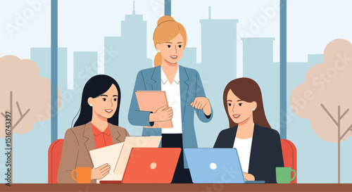Flat vector illustration of three professional women in a modern office, collaborating with laptops and documents. Ideal for corporate teamwork, female leadership, and office productivity