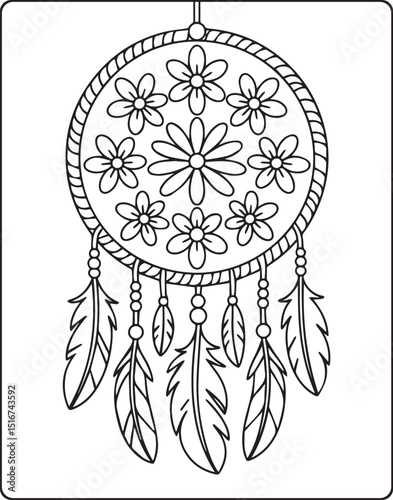 Dream catcher beautiful decoration doodle vector outline illustration coloring page, tattoo and other design for adults and kids