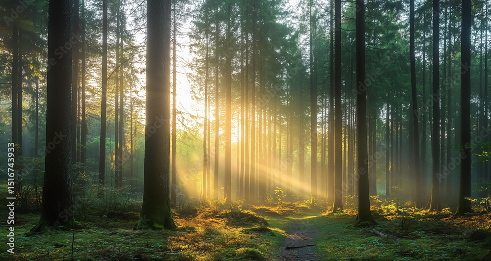 Obraz premium Silent Forest in spring with beautiful bright sun rays