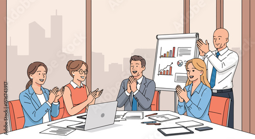 Adobe Illustrator Artwork flat vector illustration of a diverse business team applauding a successful presentation with charts. Emphasizes teamwork, recognition, and achieving business goals
