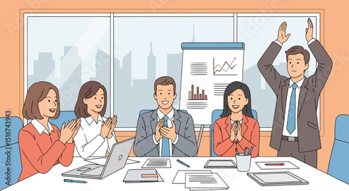 Adobe Illustrator Artwork flat vector illustration of a diverse business team applauding a successful presentation with charts. Emphasizes teamwork, recognition, and achieving business goals