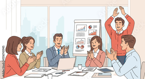 Adobe Illustrator Artwork flat vector illustration of a diverse business team applauding a successful presentation with charts. Emphasizes teamwork, recognition, and achieving business goals