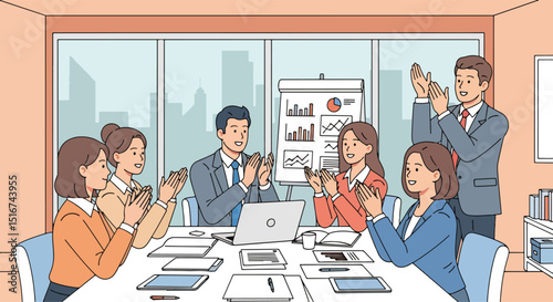 Adobe Illustrator Artwork flat vector illustration of a diverse business team applauding a successful presentation with charts. Emphasizes teamwork, recognition, and achieving business goals