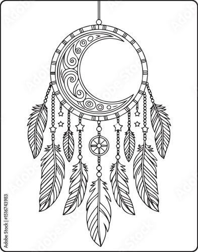 Dream catcher beautiful decoration doodle vector outline illustration coloring page, tattoo and other design for adults and kids
