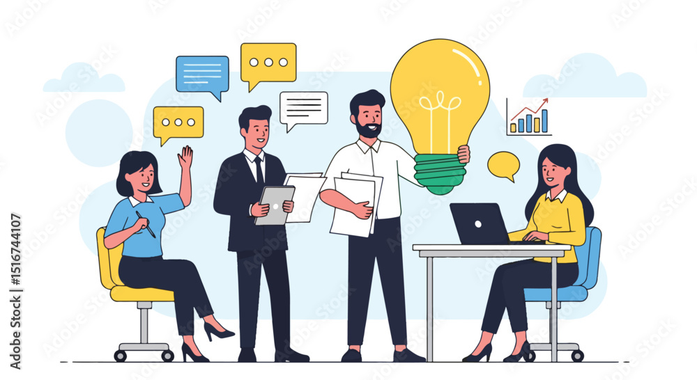 Obraz premium Adobe Illustrator Artwork flat vector illustration of a diverse business team brainstorming ideas around a table with a glowing lightbulb. Emphasizes teamwork and business innovation
