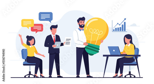 Adobe Illustrator Artwork flat vector illustration of a diverse business team brainstorming ideas around a table with a glowing lightbulb. Emphasizes teamwork and business innovation