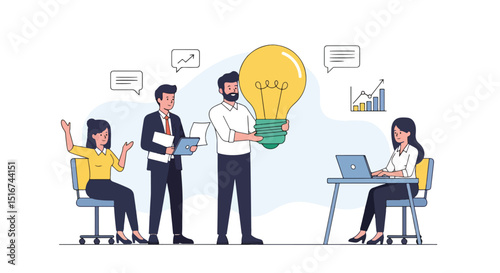 Adobe Illustrator Artwork flat vector illustration of a diverse business team brainstorming ideas around a table with a glowing lightbulb. Emphasizes teamwork and business innovation
